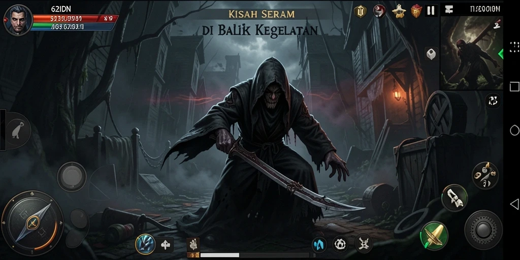 Tangkapan layar gameplay 62IDN menunjukkan suasana kegelapan yang menakutkan.