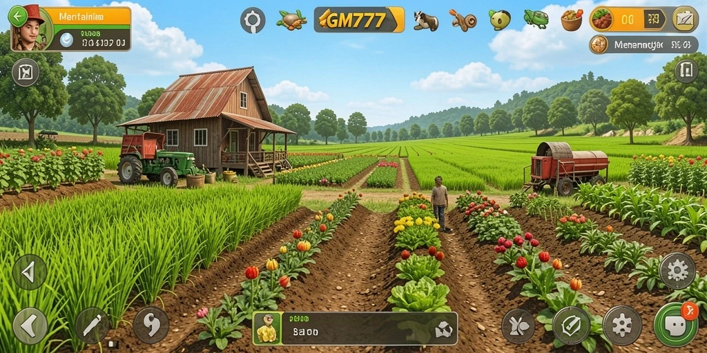 Screenshot gameplay GM777, memperlihatkan kegiatan bertani yang seru dan interaktif.