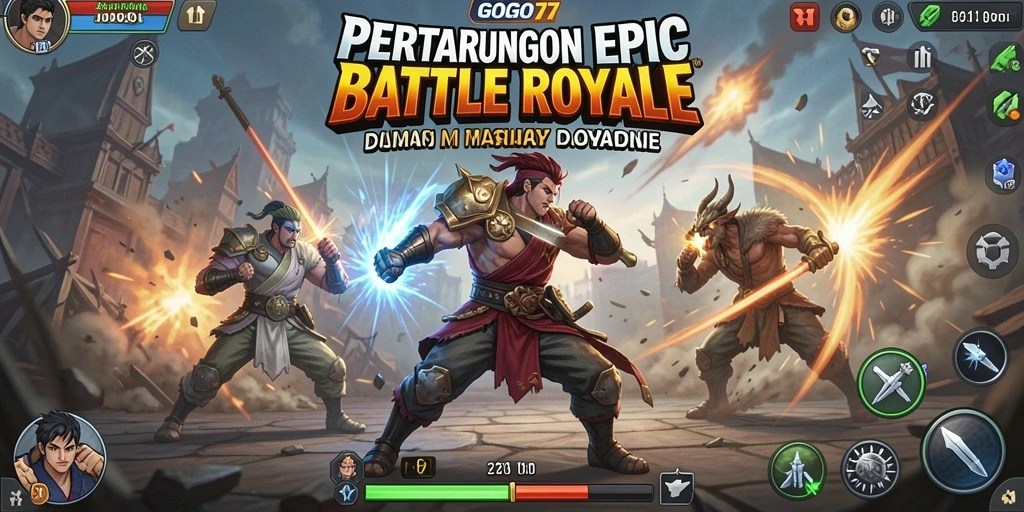 Screenshot gameplay GOGO77 menampilkan aksi pertempuran Battle Royale yang seru.