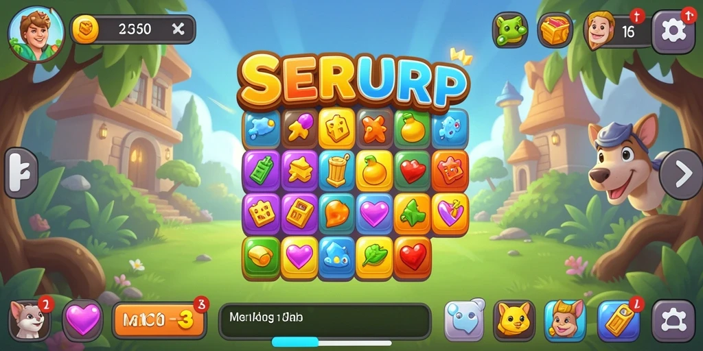Tangkapan layar SERURP menunjukkan gameplay Match-3 yang seru dan penuh warna.